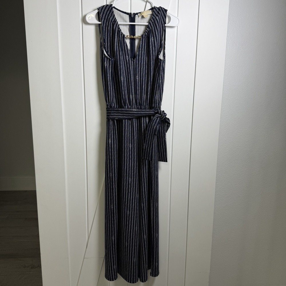 Michael Kors navy blue striped sleeveless Jumpsuit Size Medium Business Core